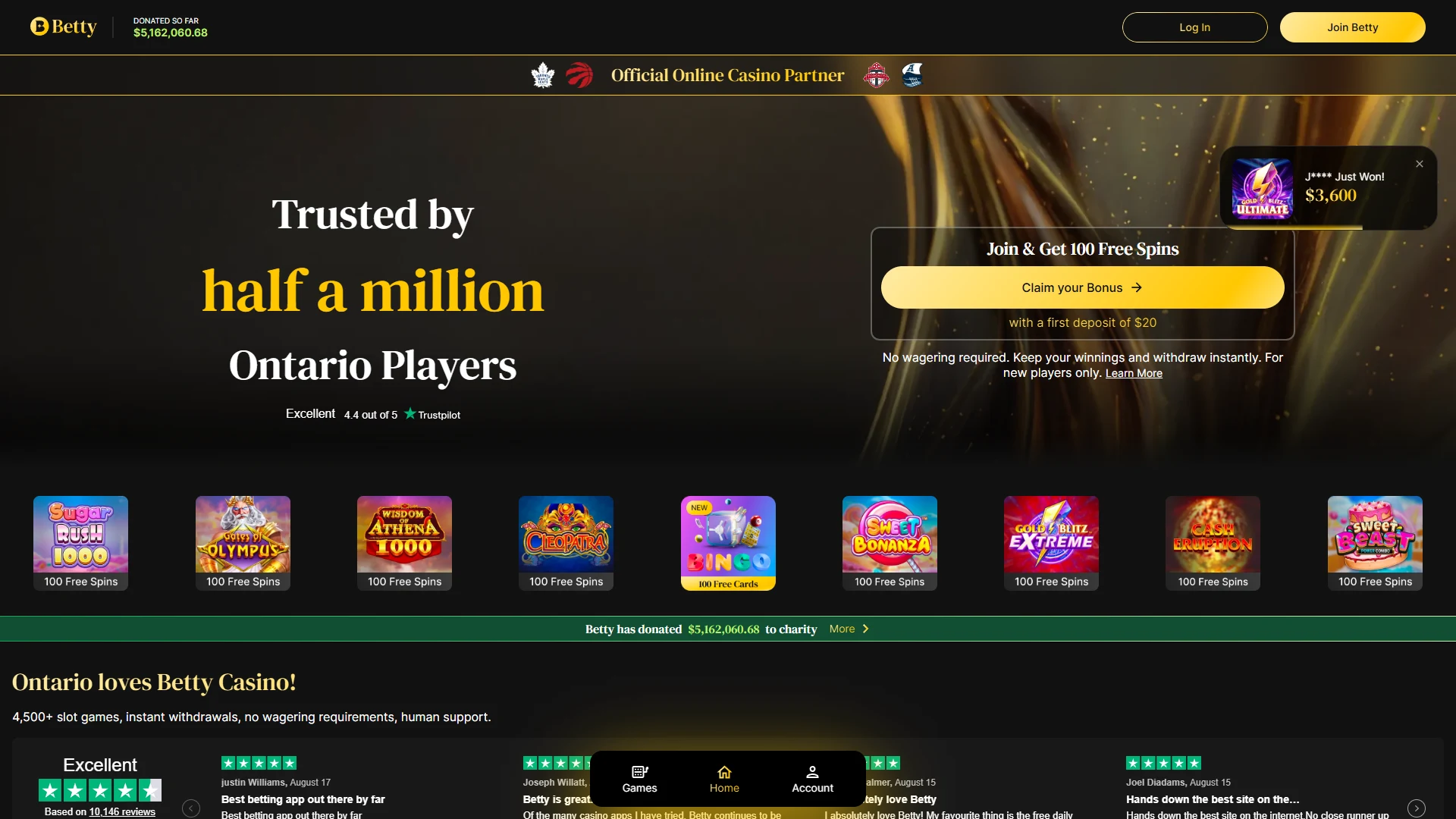 Betty casino lobby on desktop